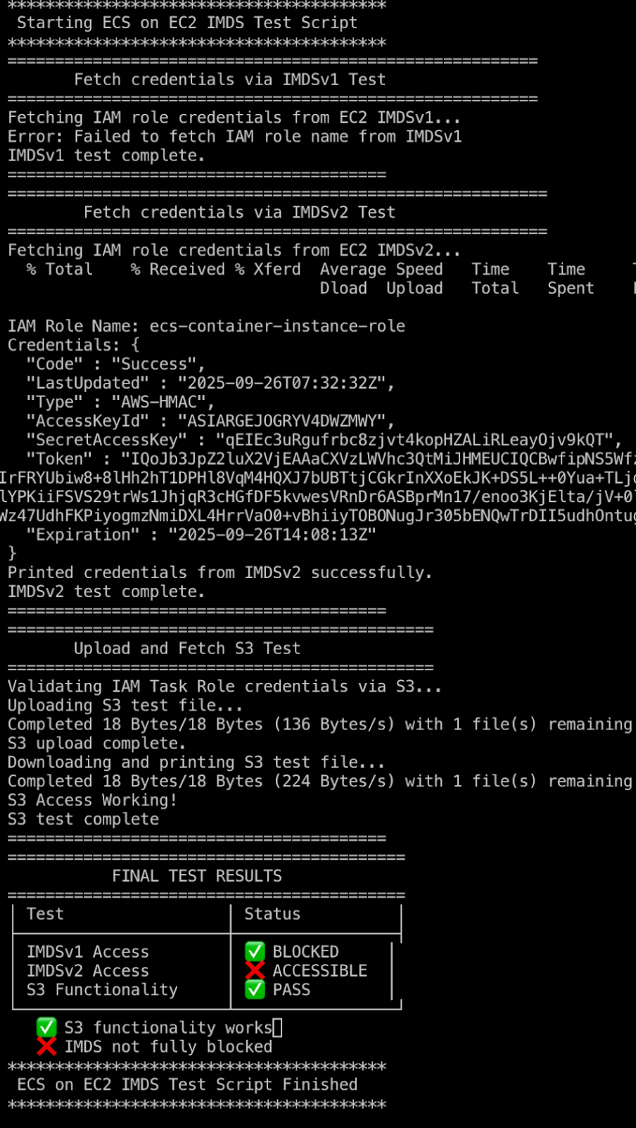 Test Result Showing AWSVPC task being able to fetch EC2 instance profile credentials via IMDSv2
